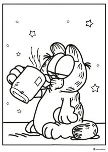 Garfield Drinking from Mug Coloring Page with Stars