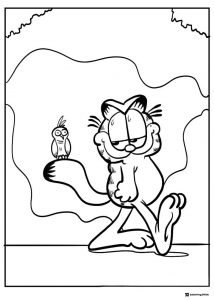 Garfield Walking with Bird on Tail Coloring Page