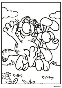 Garfield and Odie Coloring Page with Flowers and Clouds