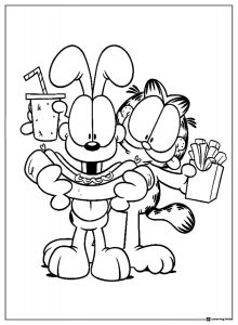 Garfield and Odie Eating Fast Food Coloring Page