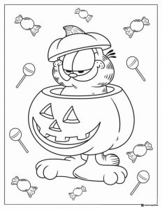 Garfield in Pumpkin Coloring Page with Candies