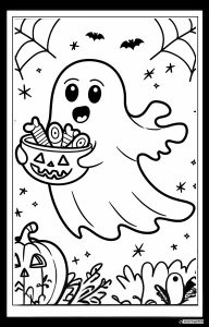 Ghost Coloring Page Holding Candy Pail with Pumpkin