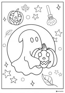 Ghost Coloring Page Holding Pumpkin with Stars and Leaves