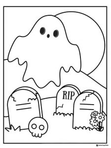 Ghost Coloring Page Hovering over Gravestones