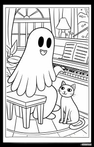 Ghost Coloring Page Playing Piano with Cat