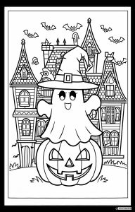 Ghost Coloring Page Wearing Witch Hat on Pumpkin