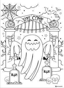 Ghost Coloring Page at Cemetery Gate with RIP Headstones