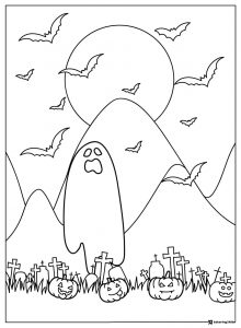 Ghost Coloring Page in Graveyard with Pumpkins Moon and Bats