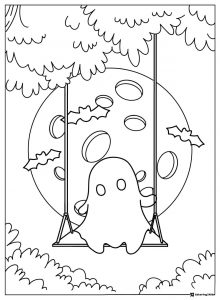 Ghost Coloring Page on Swing with Moon and Bats