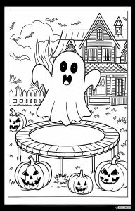 Ghost Coloring Page on Trampoline with Pumpkins and House