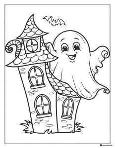 Ghost Coloring Page with Haunted House and Bat