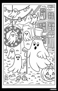Ghost Coloring Page with Many Ghosts Wreath and Pumpkin