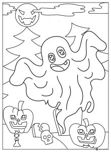 Ghost Coloring Page with Pumpkins and Jack o lantern Moon