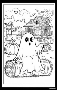 Ghost Coloring Page with Scarecrow and Haunted House
