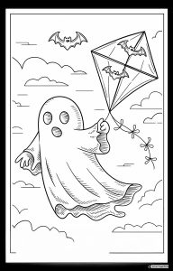 Ghost Flying Kite Coloring Page with Bats