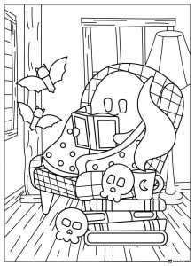 Ghost Reading Book in Chair Coloring Page