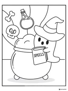 Ghost Wearing Witch Hat with Cauldron and Spell Book