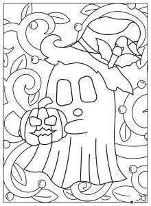 Ghost and Jack o Lantern Coloring Page with Vines