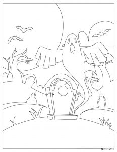 Ghost in Graveyard Coloring Page with Moon