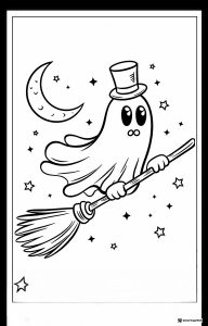 Ghost on Broomstick Coloring Page with Moon and Stars