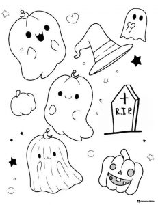 Ghost pumpkins witch hat and tombstone coloring page