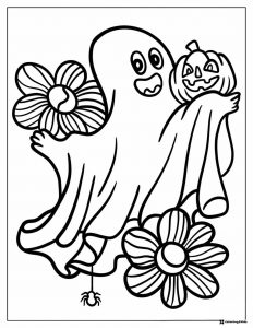 Ghost with pumpkins and flowers coloring page