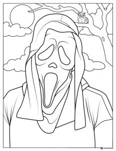 Ghostface Coloring Page with Owl on Branch and Moon