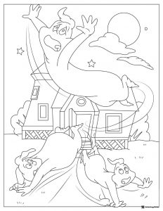 Ghostly Trio Coloring Page Attacking a House at Night