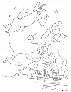 Ghostly Trio Coloring Page Flying Over Haunted House