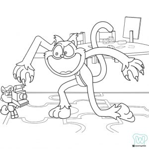 Giant Catnap chasing small Catnap with a camera Coloring Page