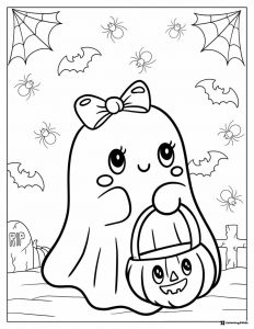 Girl Ghost with Pumpkin Basket Coloring Page