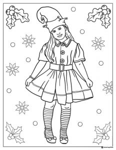 Girl in Elf Costume Coloring Page with Holly and Snowflakes