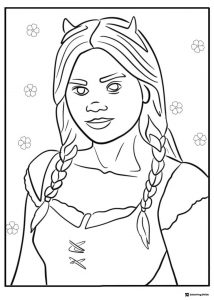 Girl with Braids Coloring Page and Flowers