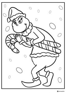 Grinch Coloring Page Carrying Candy Canes in Snow
