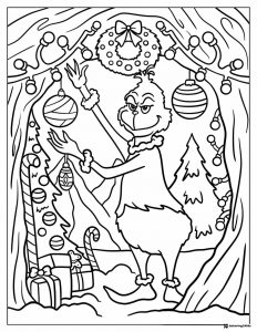 Grinch Coloring Page Decorating a Christmas Tree with Ornaments