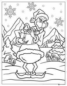 Grinch Coloring Page Holding a Present in Snowy Who ville