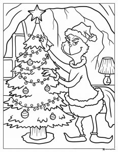 Grinch Coloring Page Putting Star on Christmas Tree