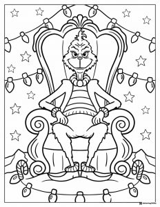 Grinch Coloring Page in Chair with Christmas Lights and Stars