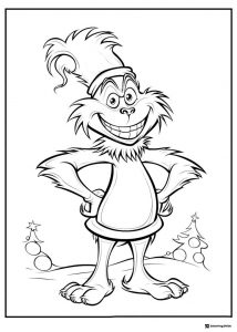 Grinch Coloring Page with Christmas Trees and Snow