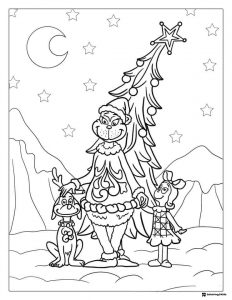 Grinch Coloring Page with Max Cindy and Christmas Tree