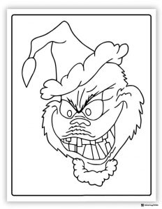 Grinch Face Coloring Sheet with Santa Hat and Grinning Expression