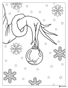 Grinch Hand Coloring Page Holding Ornament with Snowflakes