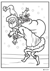 Grinch as Santa walking with sack of gifts coloring page