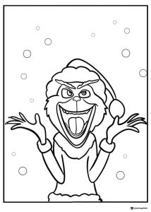 Grinch celebrating Christmas in Santa hat coloring page