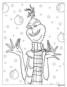 Grinch in scarf holding candy canes coloring page