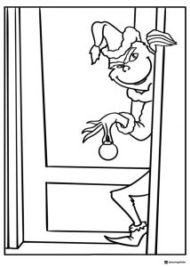 Grinch peering around a door with ornament coloring page