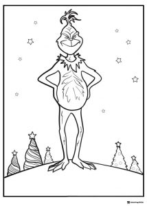 Grinch standing on hill with Christmas trees coloring sheet