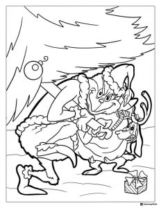Grinch stealing present from Max under tree coloring page