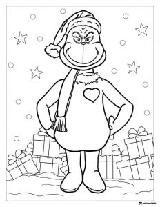 Grinch with heart on chest and gifts coloring page