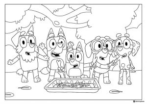 Group Picnic Coloring Sheet with Bluey and Friends Outdoors